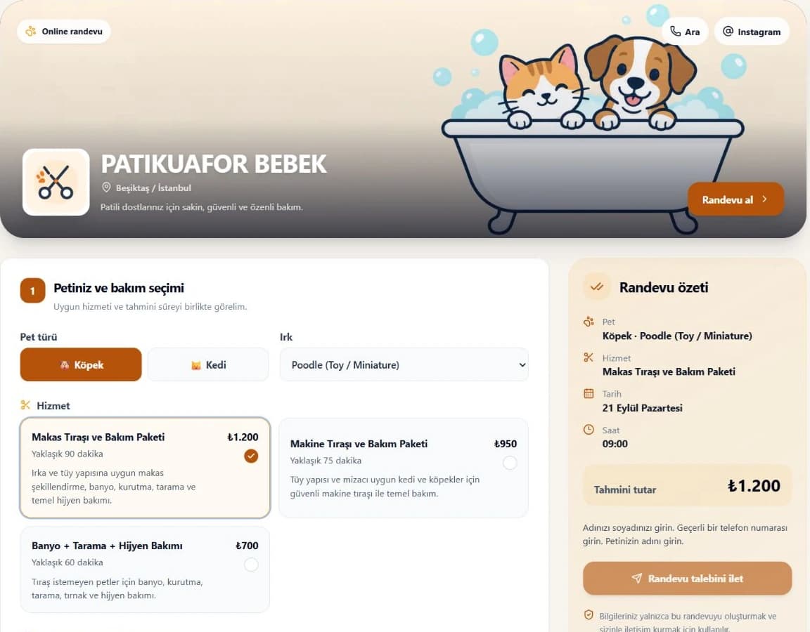 Müşterilerin online randevu talebi oluşturduğu sayfa