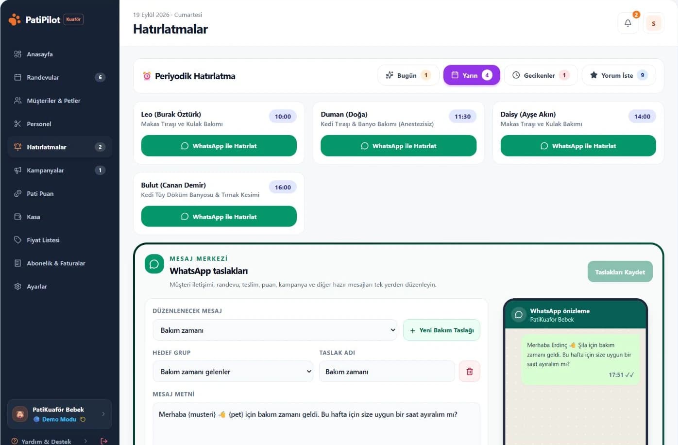 WhatsApp hatırlatma ve kampanya mesajları hazırlama ekranı
